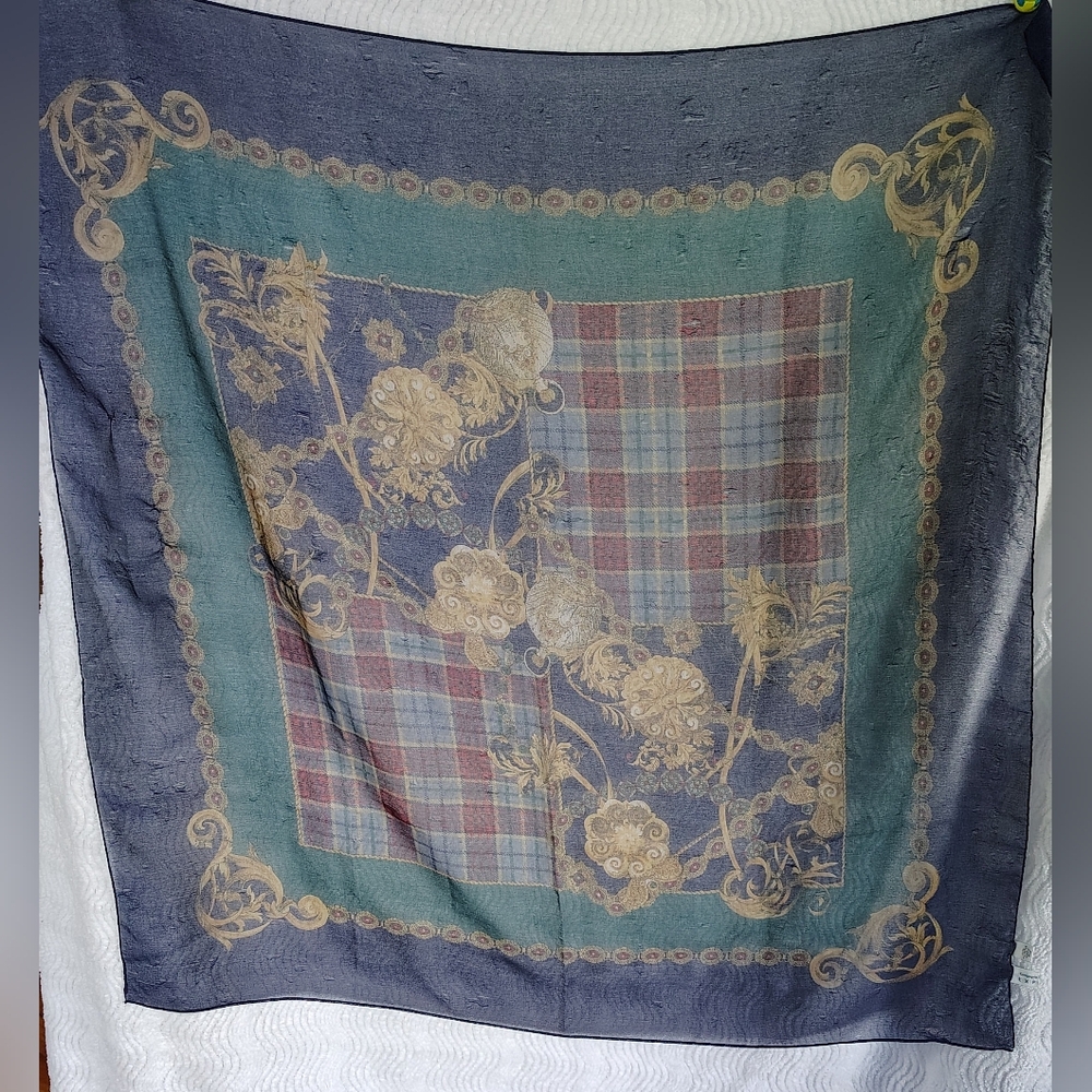 Compagnie Internationale Express Equestrian Plaid Gold Filigree Scarf Old Money - Picture 3 of 17